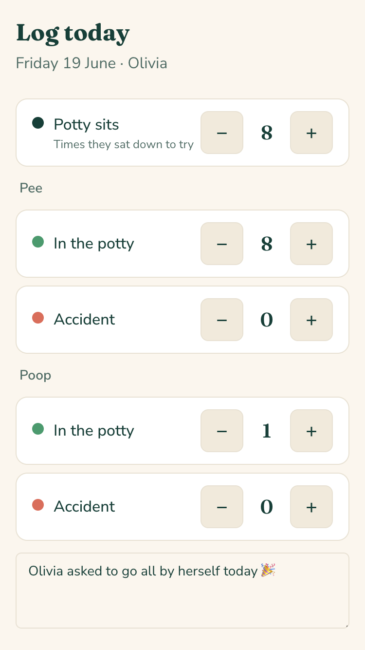 Pottle's daily log screen